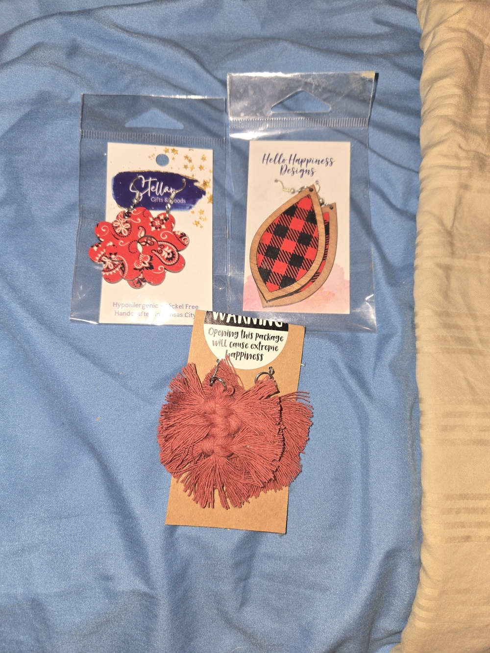 3 Pair Statement Earrings Bundle Red Buffalo Plaid Macrame Paisley